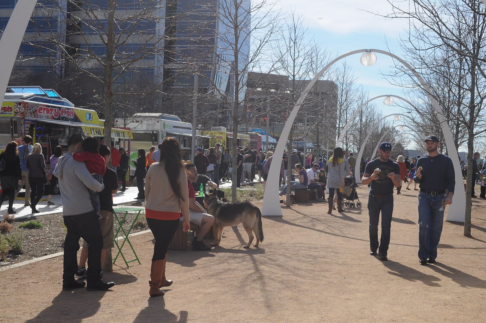 Crowds and food trucks at Klyde Warren Park, Dallas